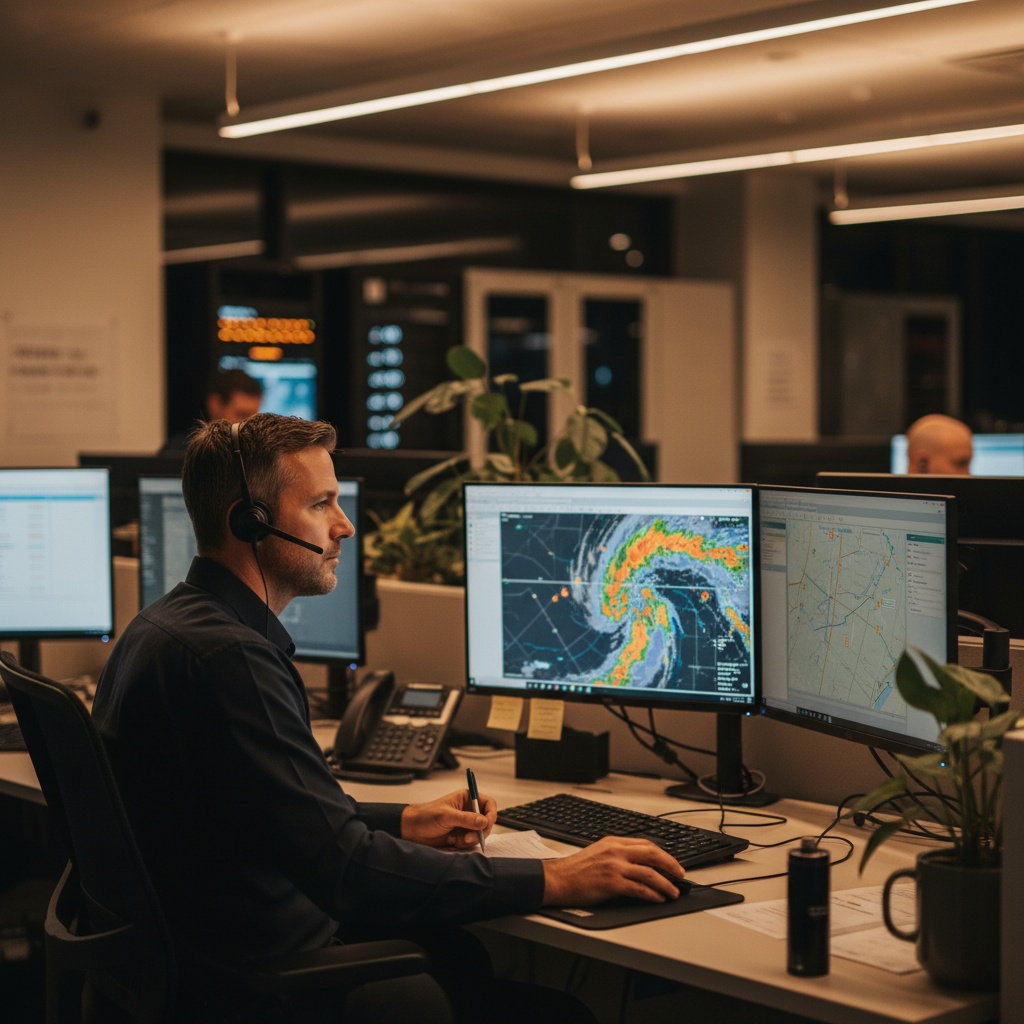 Professional roofing specialist with emergency response equipment