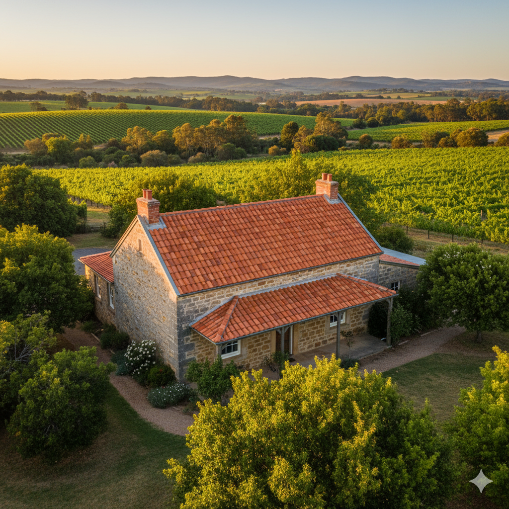 Heritage building with terracotta roof in Barossa Valley vineyards