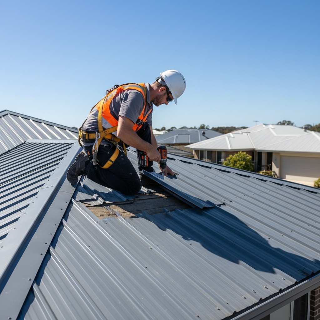 Professional roofer inspecting roof for leaks and damage
