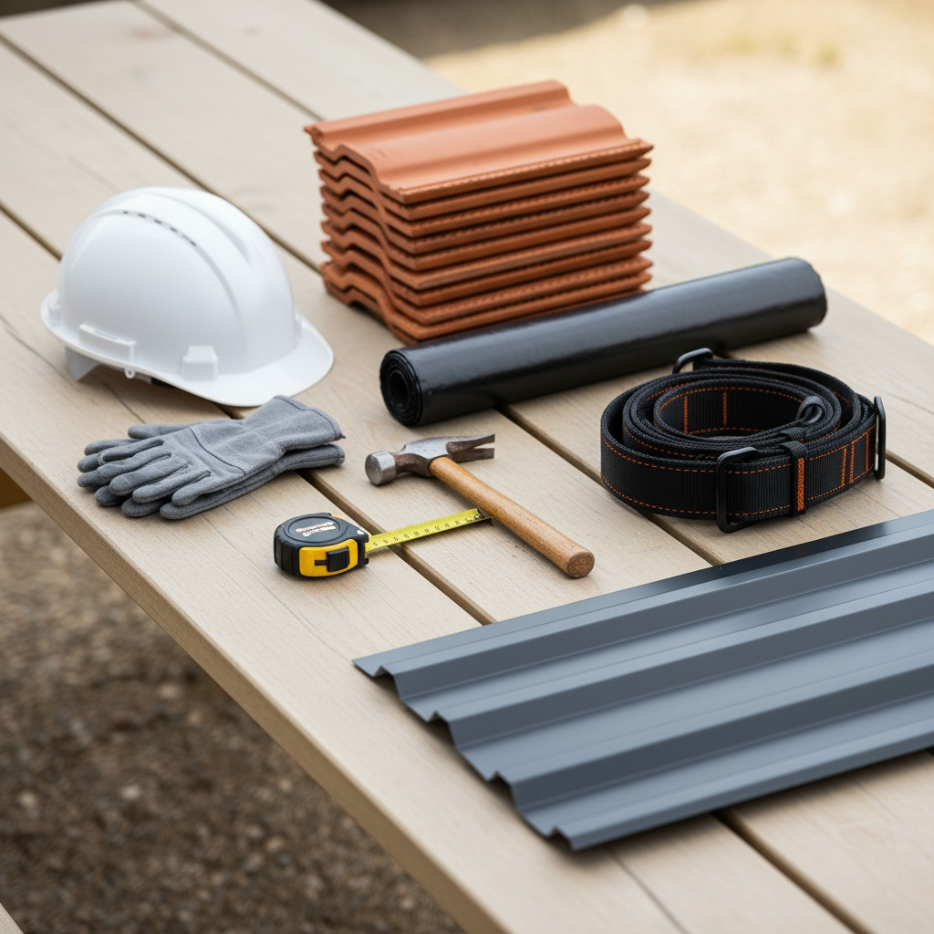 Professional roofing materials and tools including tiles, metal sheets, and safety equipment