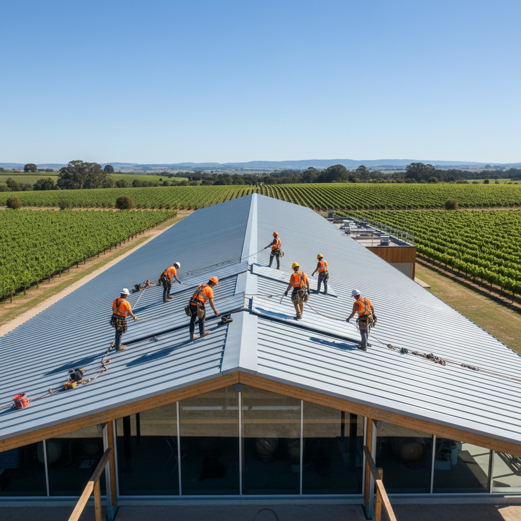 Professional roofing team installing metal roof on Barossa Valley winery